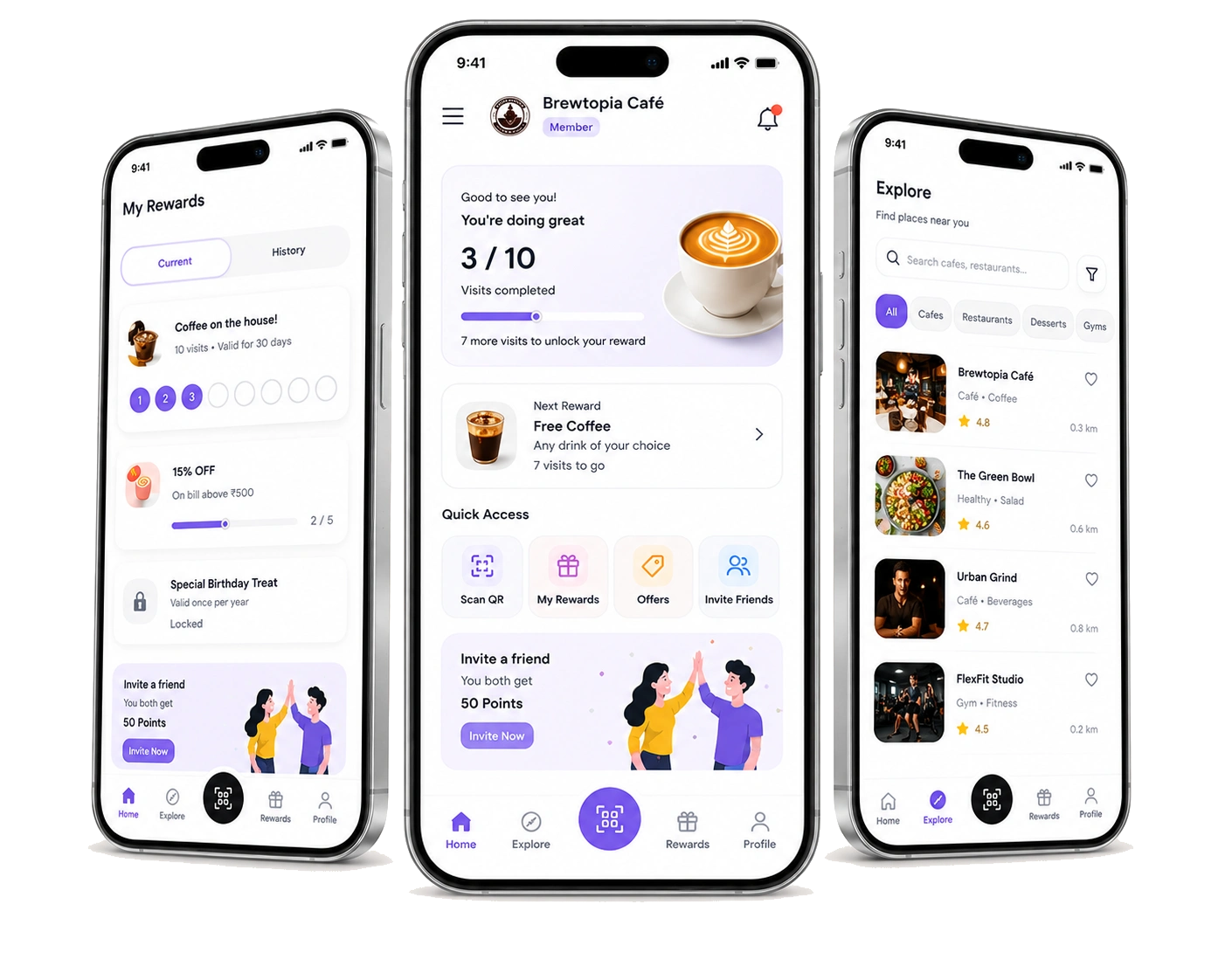 Visiti.in app showing rewards, explore, and loyalty card screens
